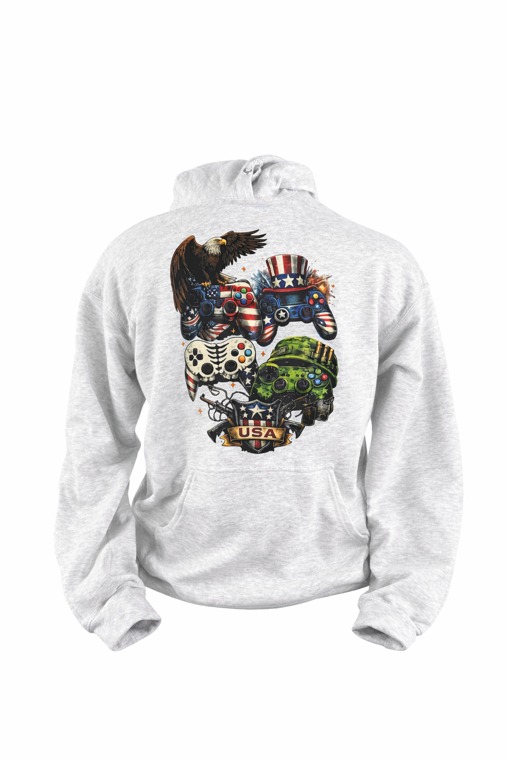Patriotic Gamer Hoodie – DTF Printed Graphic | 9oz Fleece Pullover | Grey