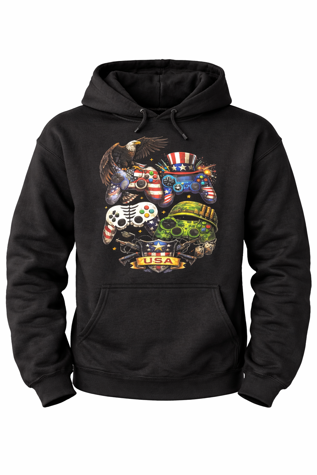Patriotic Gamer Hoodie – DTF Printed Graphic | 9oz Fleece Pullover | Black